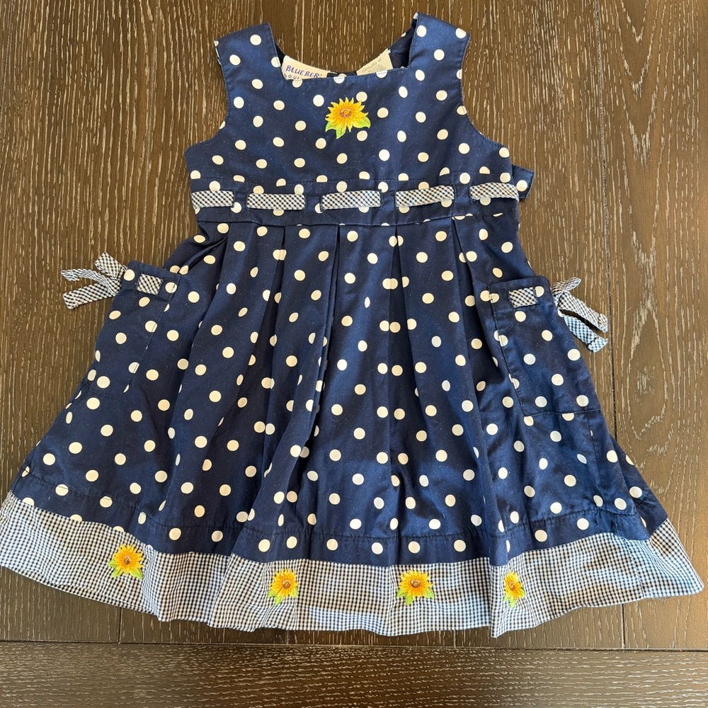 Blueberi Boulevard Toddler‎ Girl 4T Navy Polka Dot Sunflower Embroidery Sundress